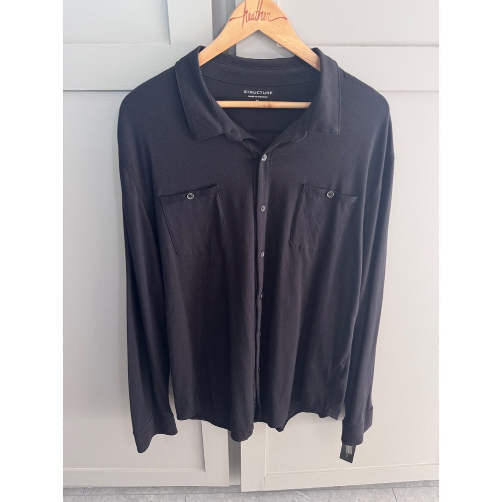 Structure Mens XL Long Sleeve Button Down Shirt Black Knit Jersey Dual Pockets
